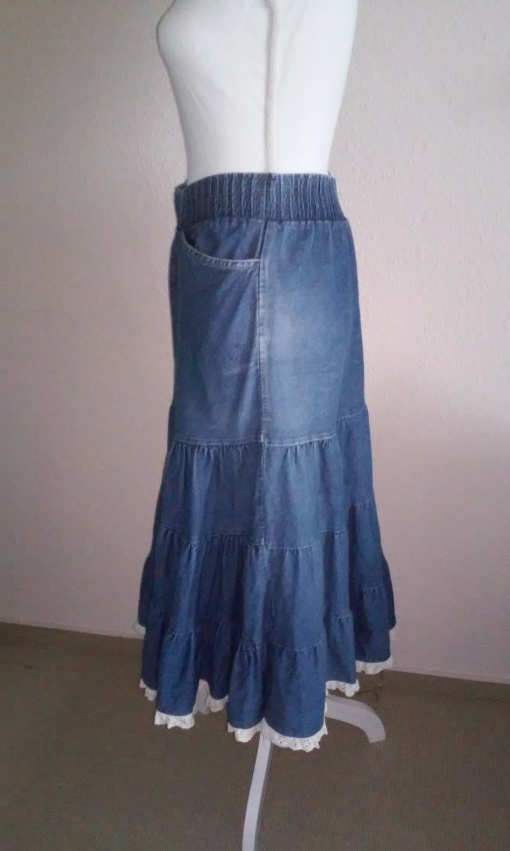 vintage Jeansrock lang Glockenrock Rüschenrock Volantrock retro