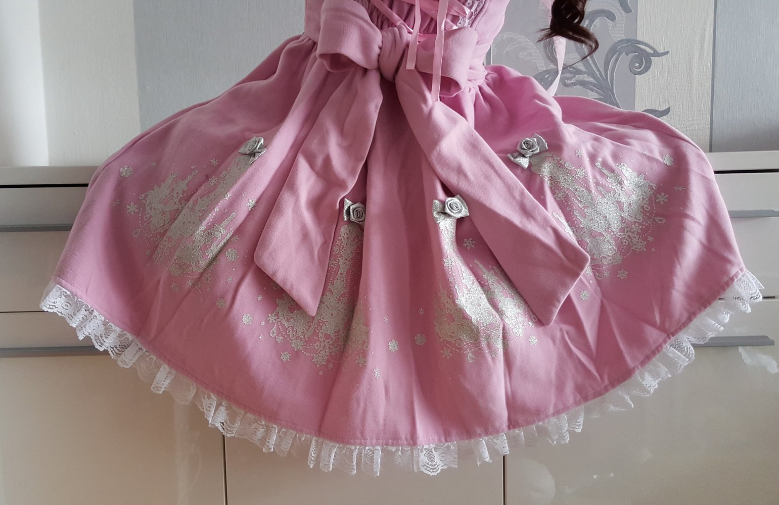 Chandelier Winter Herbst Lolita Cosplay Rosa Weiß Jäckchen Perlen Schleifen Rüschen M 38 evtl S 36