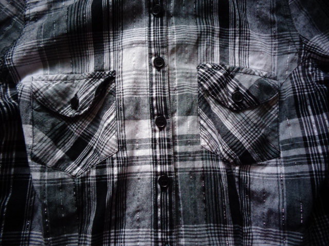 #Bluse Langarm Gr. S bzw. ca. Gr. 36, schwarz/weiß kariert mit Silberfaden
