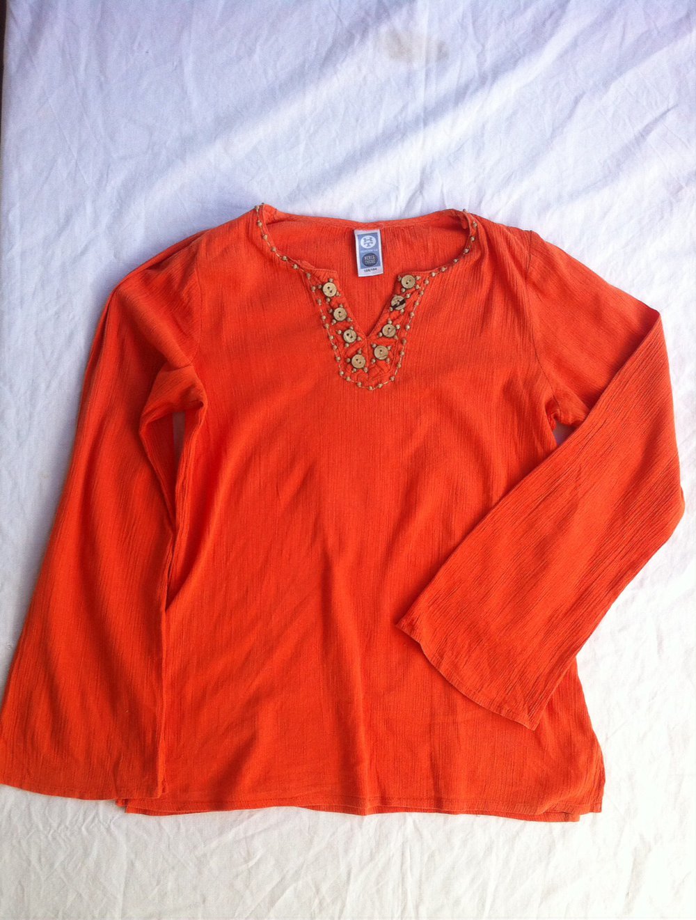 Bluse orange hippie Trompetenärmel Holzperlen bestickt 