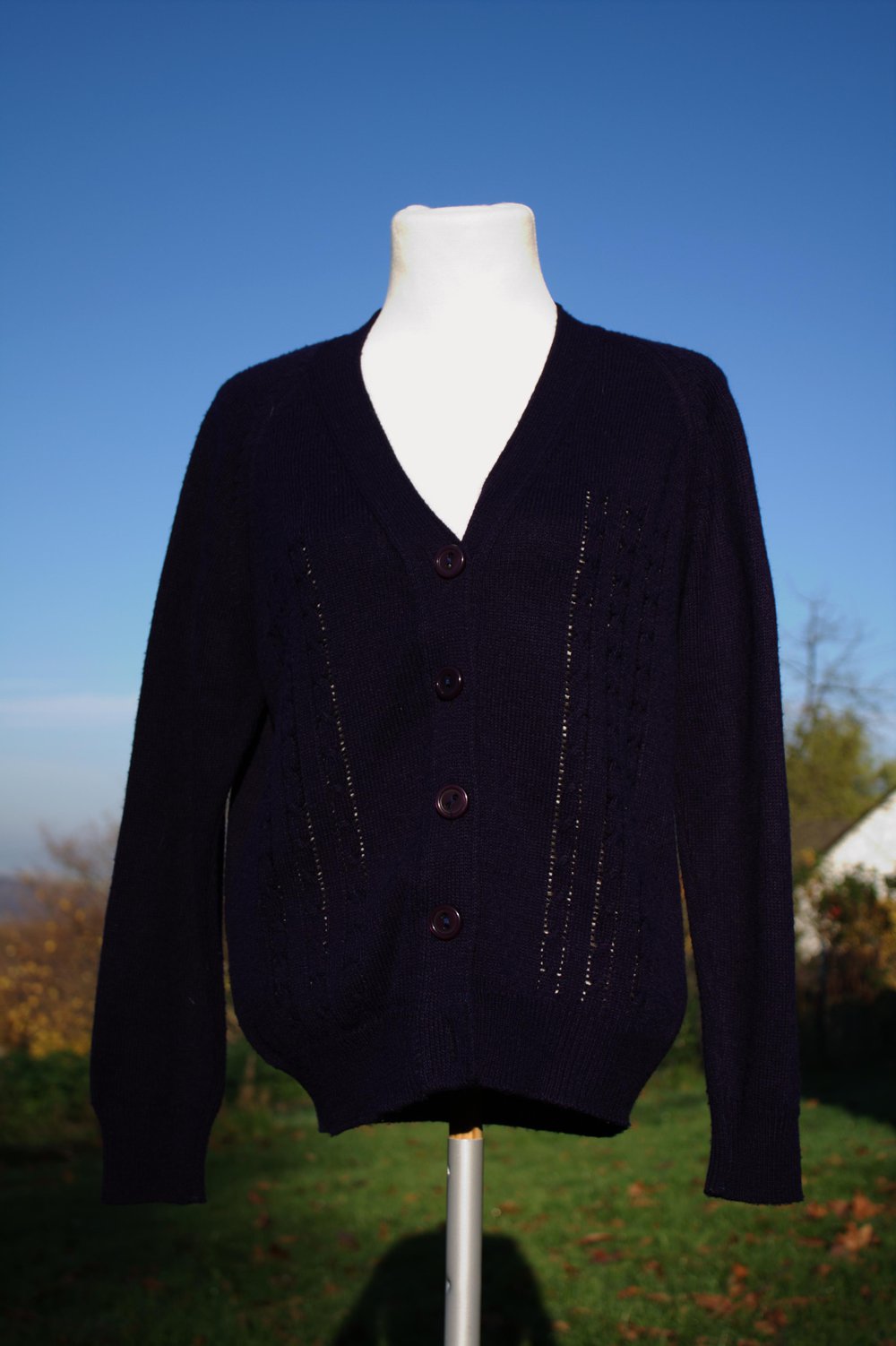 Strickjacke Jacke dunkelblau vintage no name Knöpfe Zopfmuster Raglanärmel