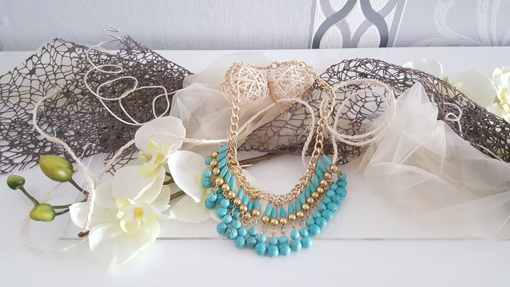 Statementkette Blau Gold Perlen Statement Kette Neu