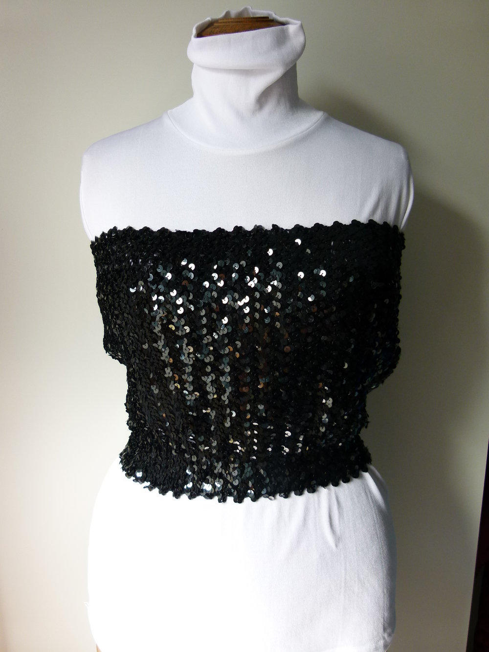 Bandeau Pailletten Top Oberteil, schwarz glänzend, Stretch, Festlich Gothic Edel Künstler