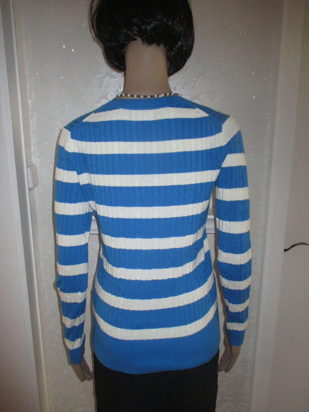 NEU Streifen Zopfmuster V- Ausschnitt Strick- Pullover ''TOMMY HILFIGER'' Gr. 36- 38/ S türkis- weiss