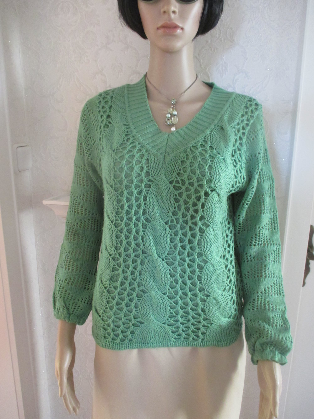 Original VINTAGE Wie selbst gestrickter Ajour Lace Out Grob Strick- Pullover  Gr. 36- 38/ S apfel- grün