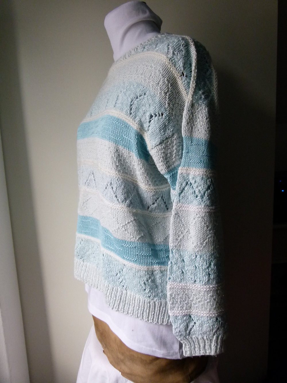 Strickpulli Pullover, Handarbeit, verschiedene Blautöne und Muster, Unikat, Boho Vintage Hippie Goa Festival Mori Retro