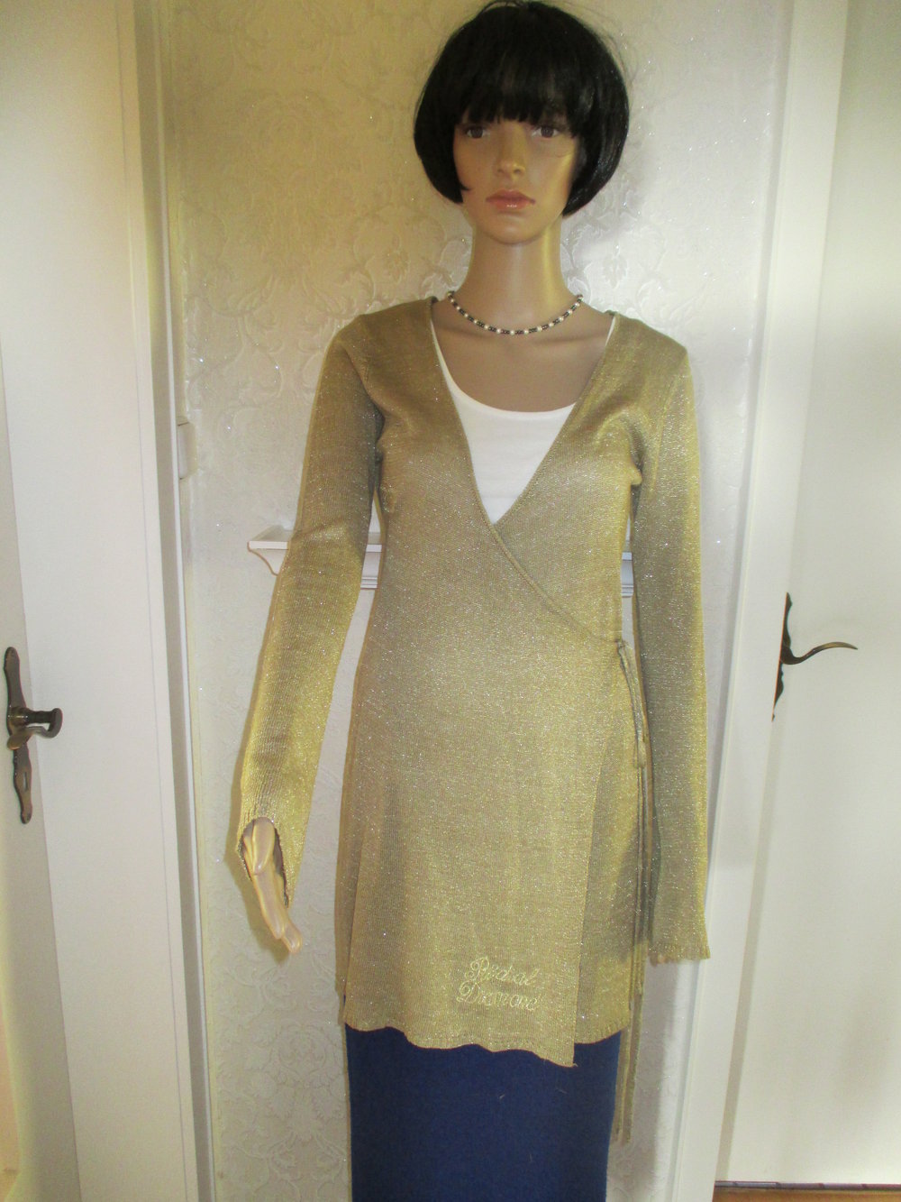 NEU * Glitzer * Lurex * Kronen Stickerei * Abend * Ausgeh * Long * Wickel * Fein- Strickjacke * Cardigan Pullover 