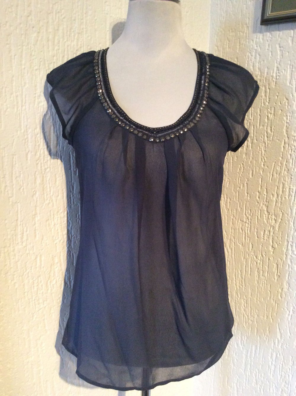 Only Bluse Größe 34 Damen blau transparent durchsichtig Pailletten 