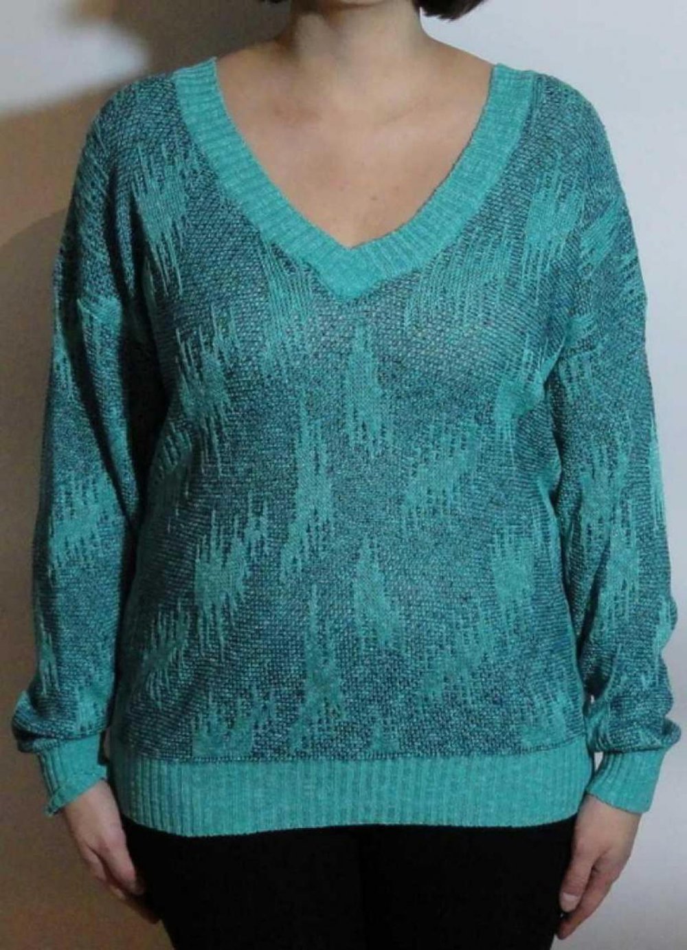 Türkiser Strickpullover Vintage V-Ausschnitt Gr. M