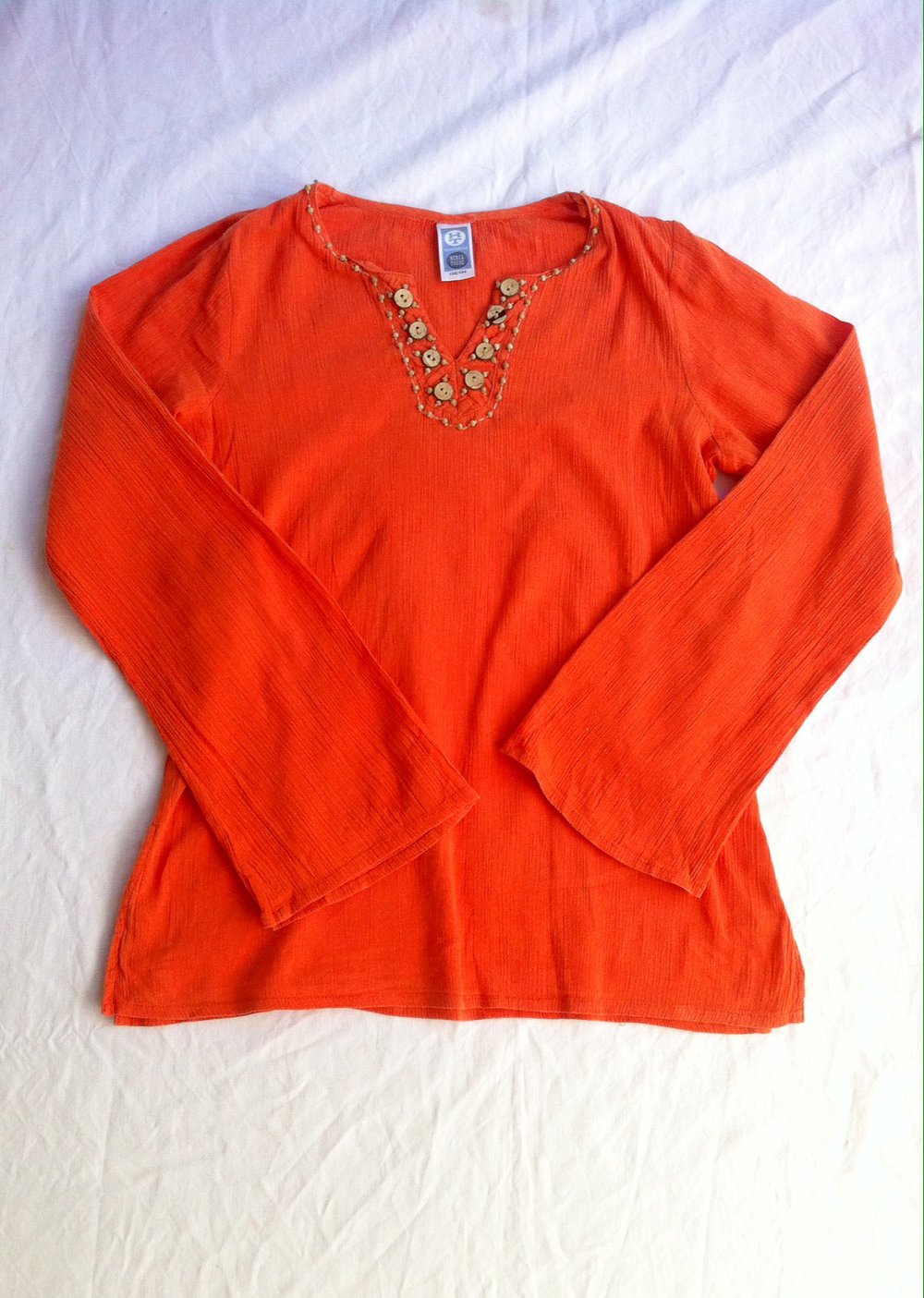 Bluse orange hippie Trompetenärmel Holzperlen bestickt 