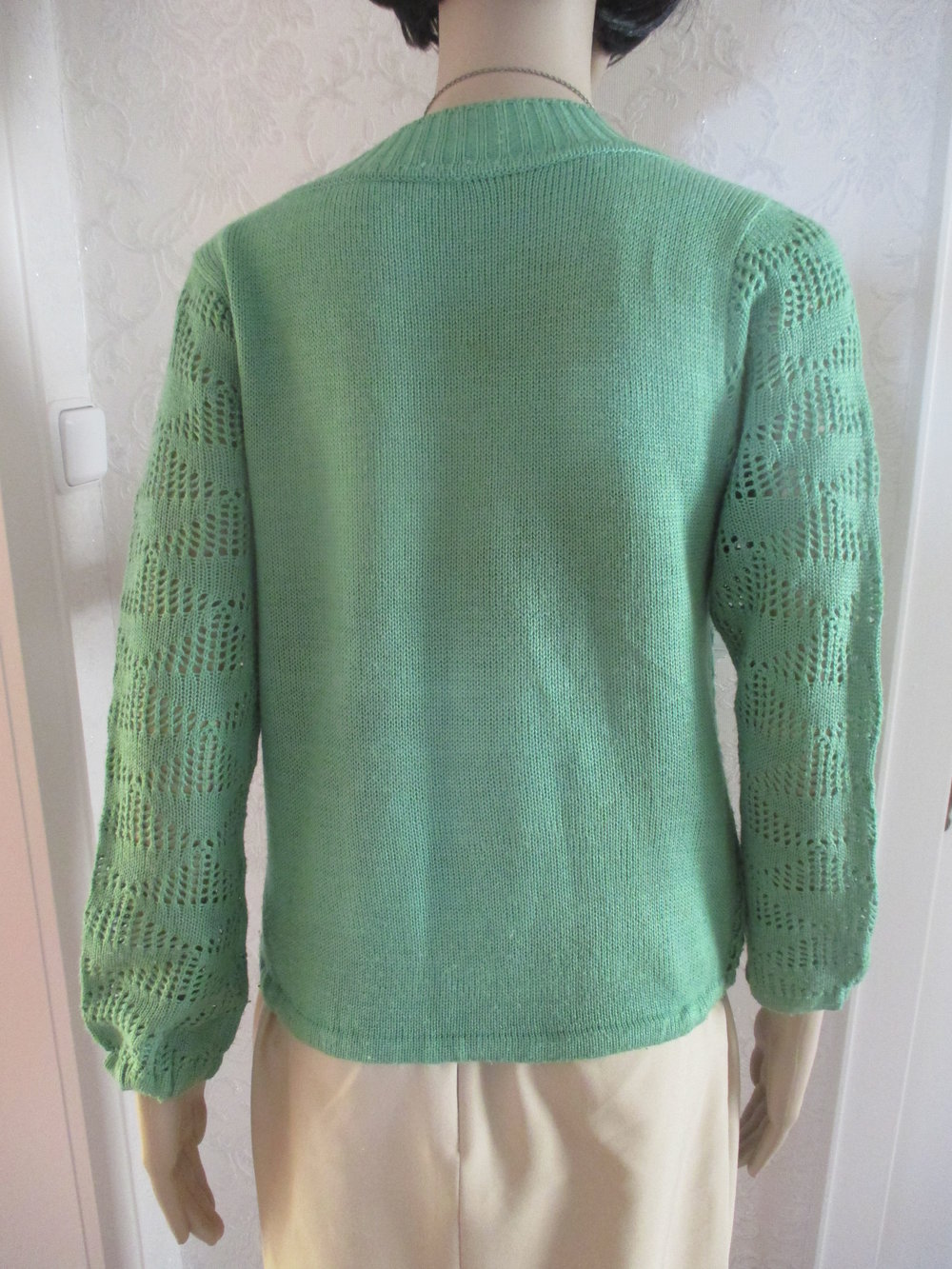 Original VINTAGE Wie selbst gestrickter Ajour Lace Out Grob Strick- Pullover  Gr. 36- 38/ S apfel- grün