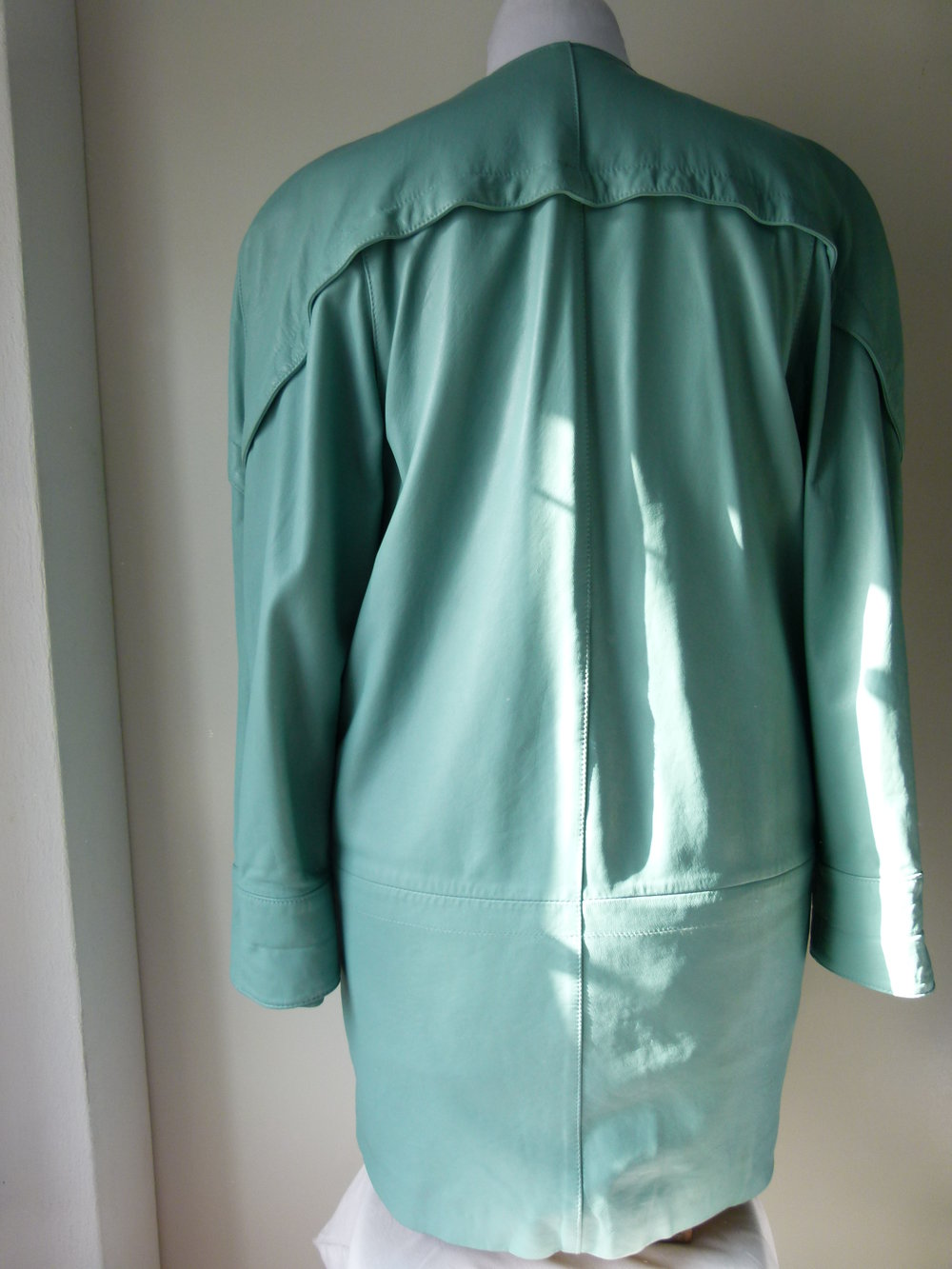 80er Jahre Leder Jacke Blazer, mintgrün pastell, Retro 80s Vintage Boho Lagenlook