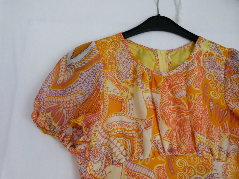 Empire Sommer Kleid aus den 70ern, bodenlang, orange  flieder gemustert, Boho Hippie Vintage Paisley 70s Retro Goa Strand