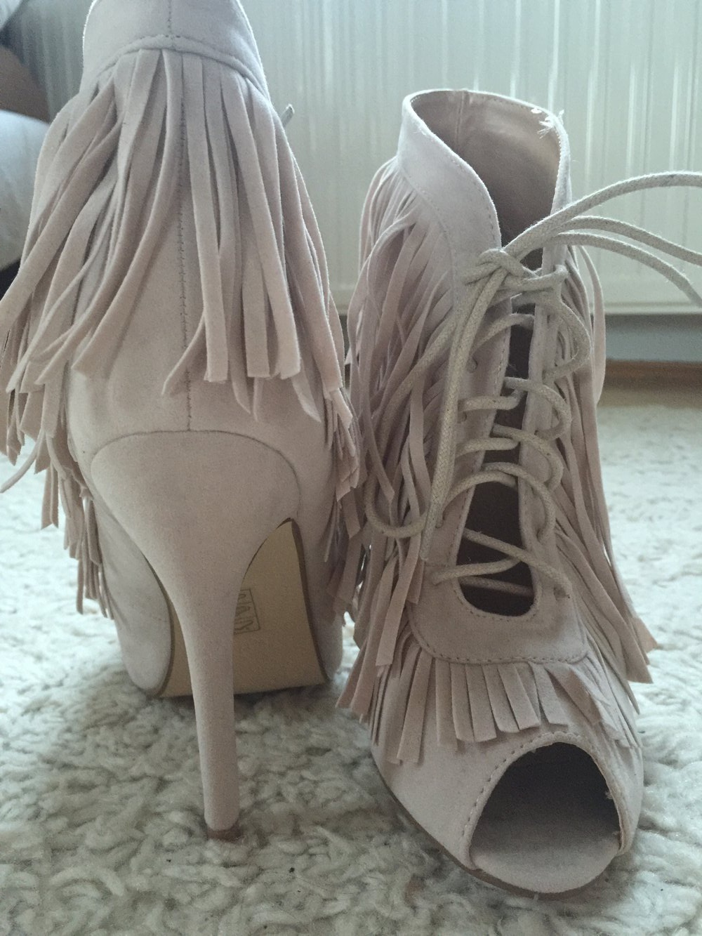 Schnür High Heels, Fransen Heels, Nude, Peep Toes