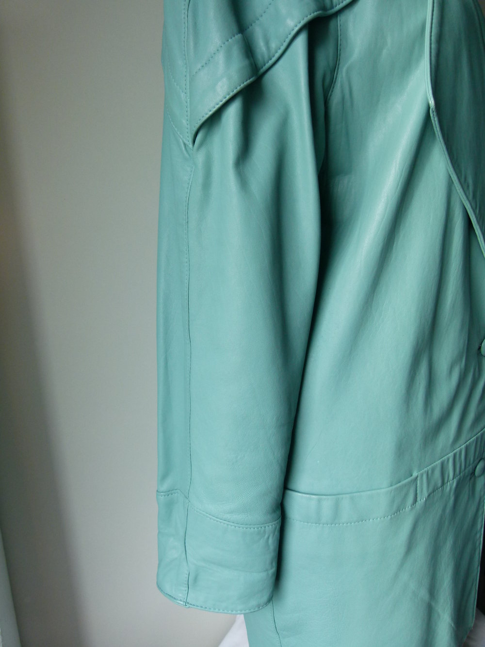 80er Jahre Leder Jacke Blazer, mintgrün pastell, Retro 80s Vintage Boho Lagenlook