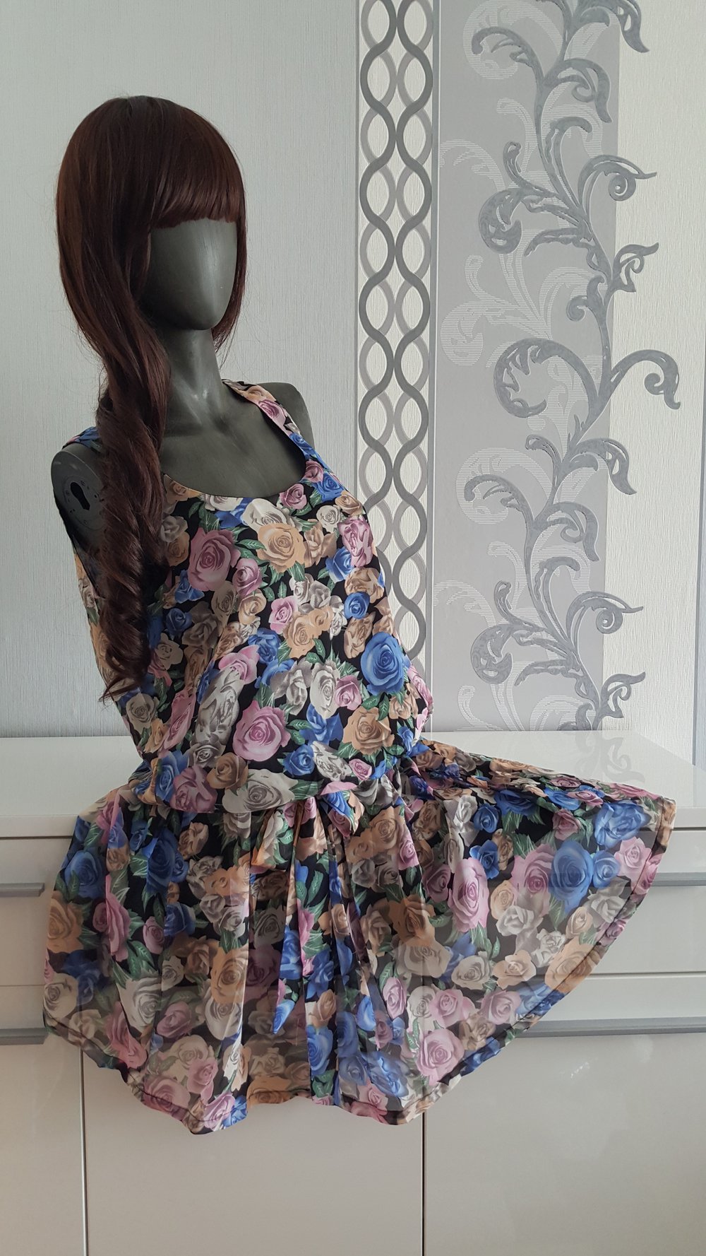 Blumiges Boho Kleid L 40 auch M 38 Blumen Blau Rosa Gelb Bunt Neu