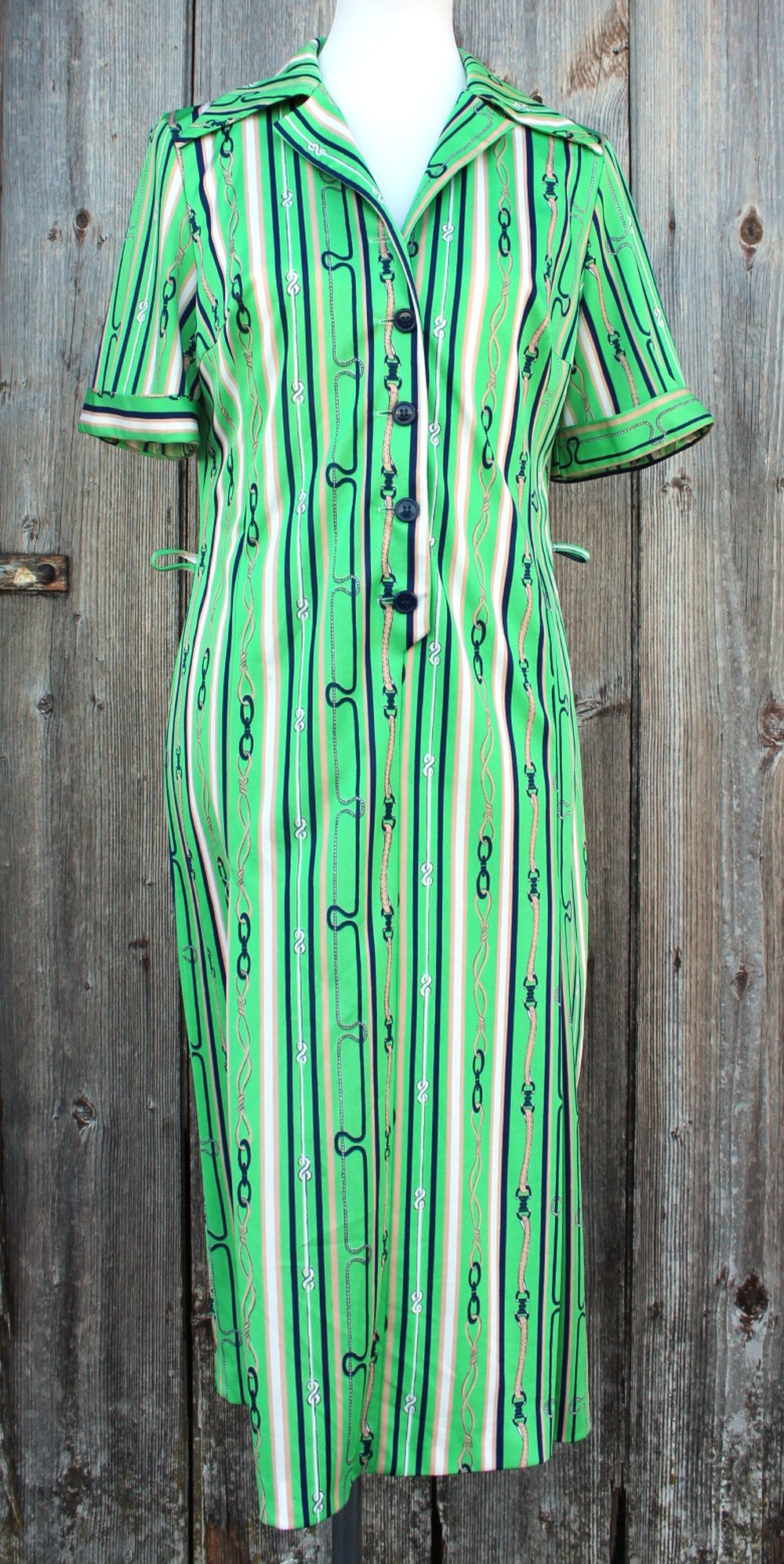 grünes True Vintagekleid mit weiß creme dunkelblauem Muster (Streifen, Seile, Knoten), ca. Größe 42