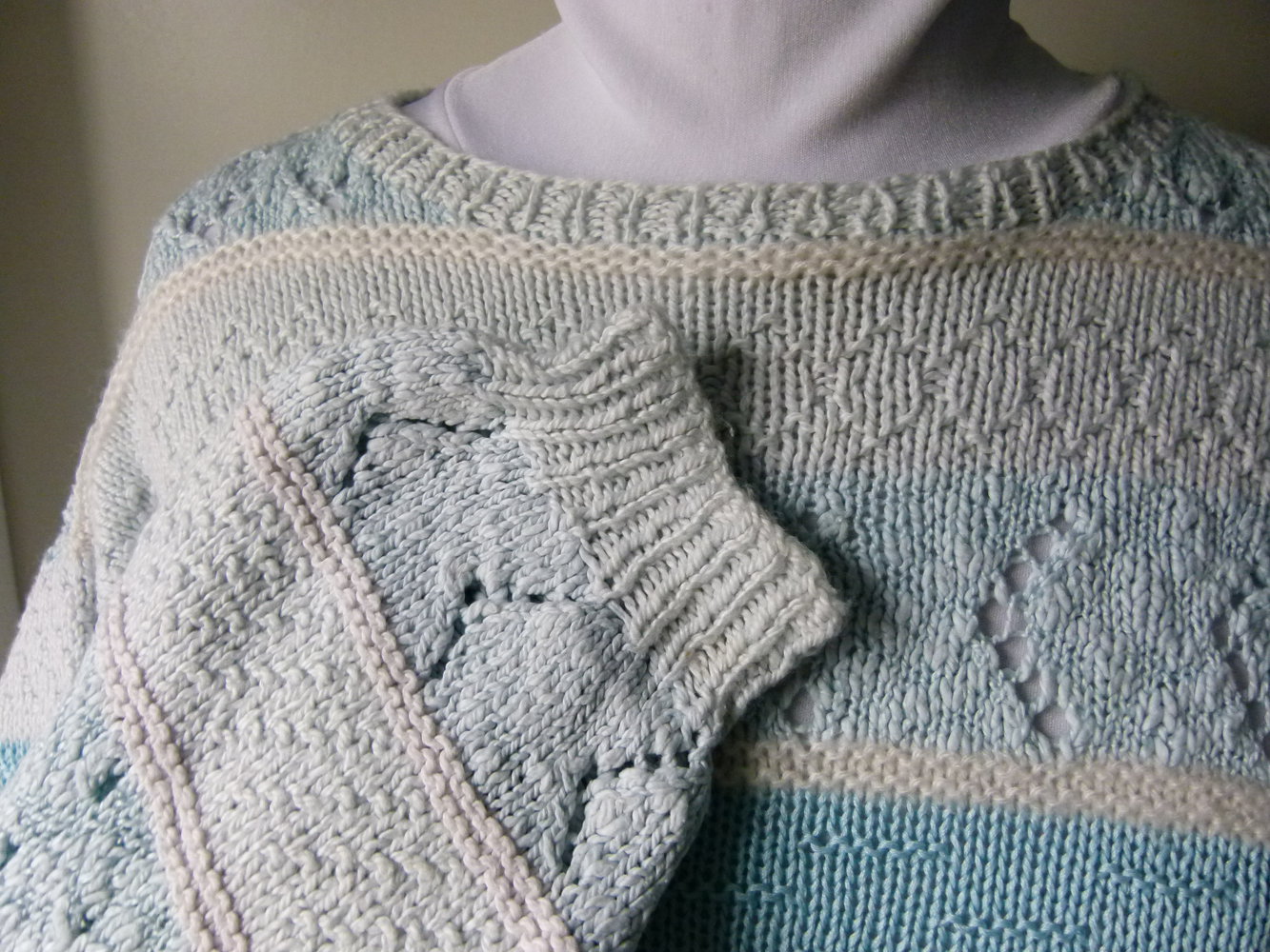 Strickpulli Pullover, Handarbeit, verschiedene Blautöne und Muster, Unikat, Boho Vintage Hippie Goa Festival Mori Retro