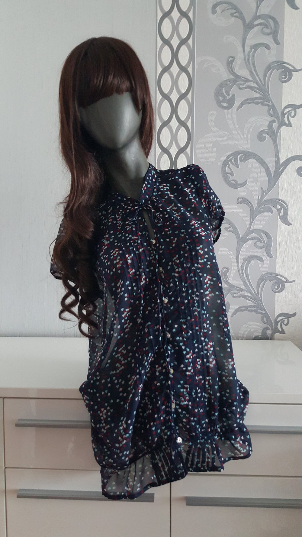 Bluse Blau mit bunten Herzen L 40 auch M 38 evtl XL 42