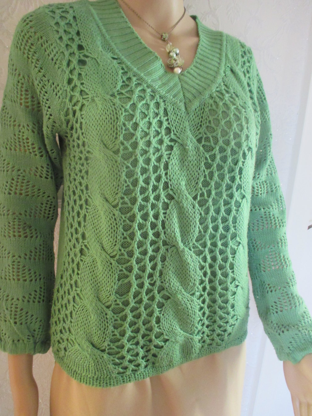 Original VINTAGE Wie selbst gestrickter Ajour Lace Out Grob Strick- Pullover  Gr. 36- 38/ S apfel- grün