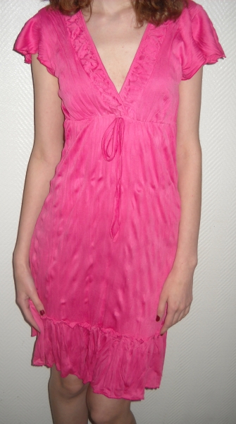 Colour Blocking Party Cocktail Abend Kleid h m dunkel pink Rüschen Puffärmel 34 36 XS S