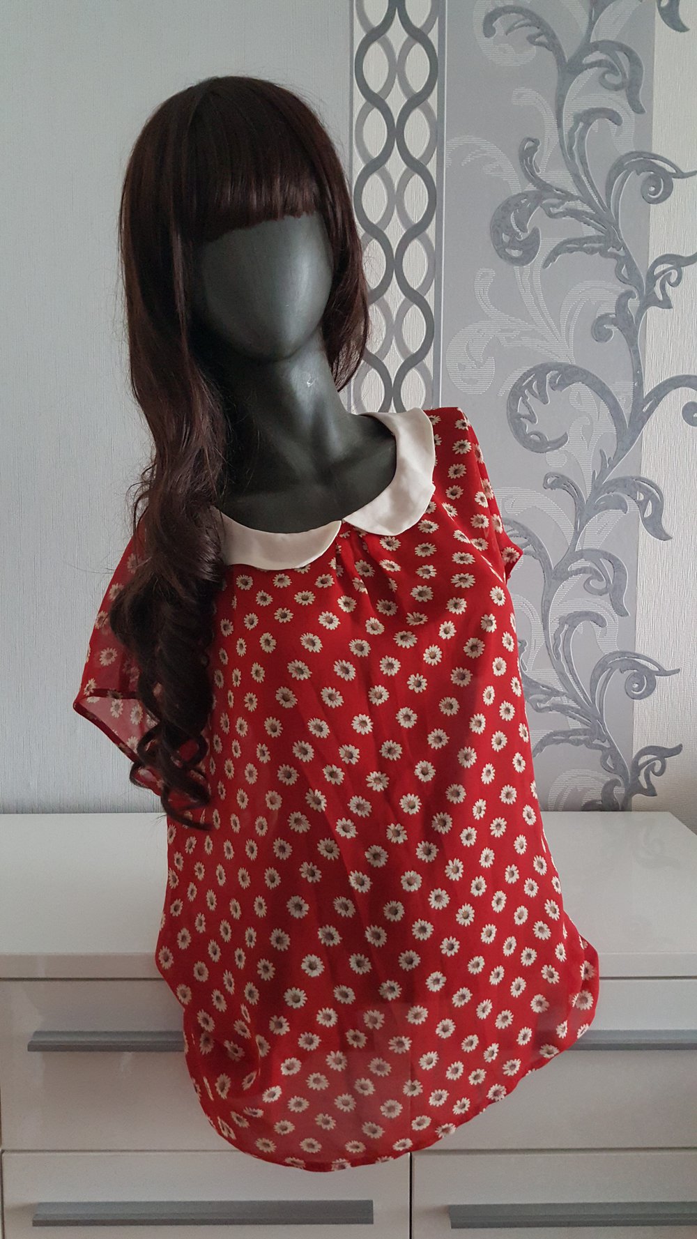 Vintage Retro Bluse Peter Pan Kragen Blumen Weiß Rot L auch XL 40 42 evtl. 44