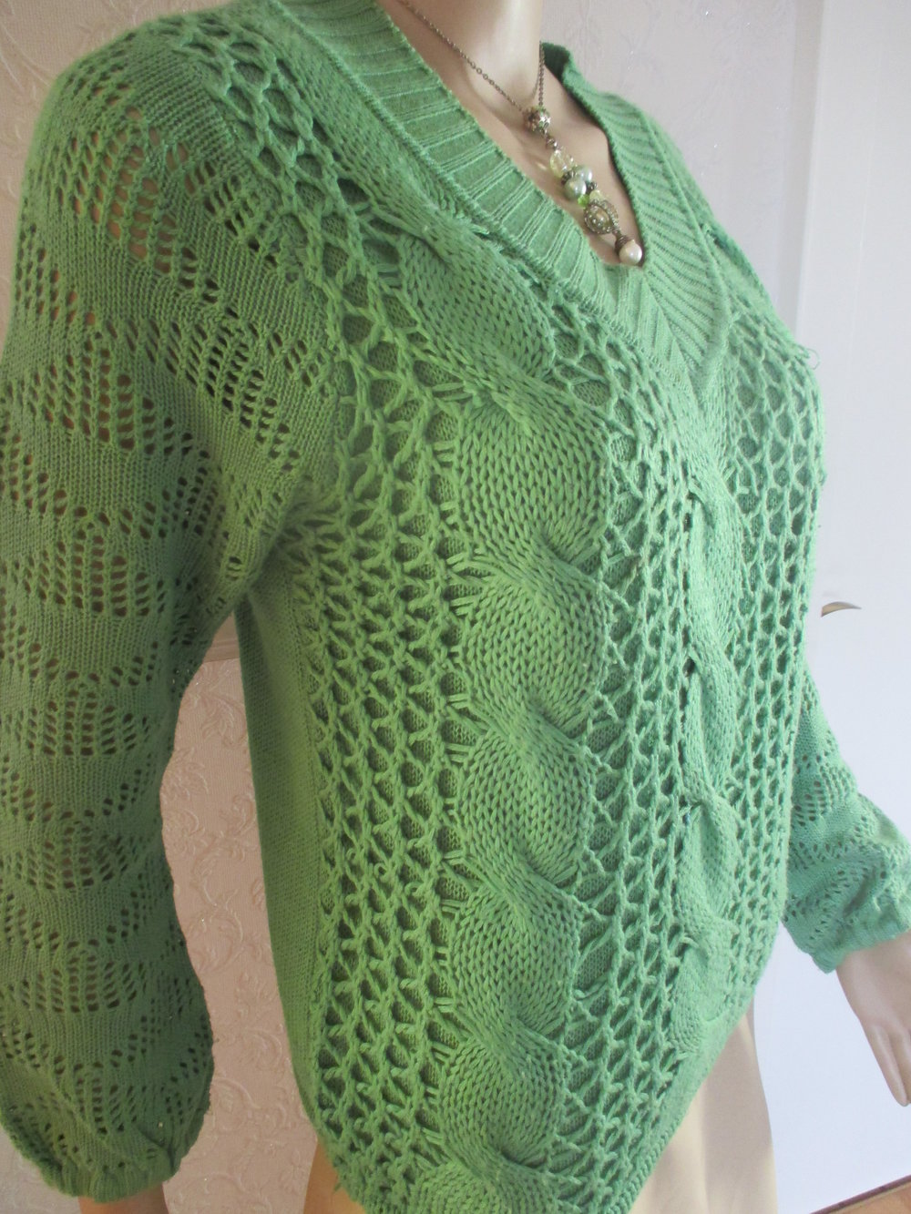 Original VINTAGE Wie selbst gestrickter Ajour Lace Out Grob Strick- Pullover  Gr. 36- 38/ S apfel- grün
