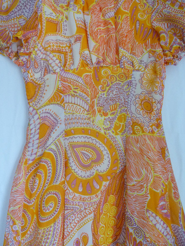 Empire Sommer Kleid aus den 70ern, bodenlang, orange  flieder gemustert, Boho Hippie Vintage Paisley 70s Retro Goa Strand