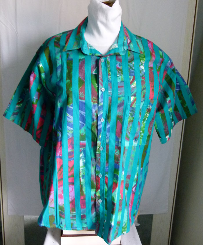 Hawaii Hemd, smaragdgrün violett gestreift gemustert, Boho Retro Vintage 80s Sommer Strand
