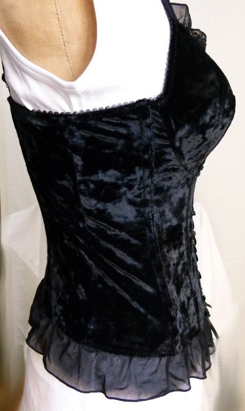 Samt Corsage Korsett, schwarz. mit Zierschnürung & Mesh Rüschen, NEU, Gothic Mori Romantik Boho Festival Goa Festlich Velvet