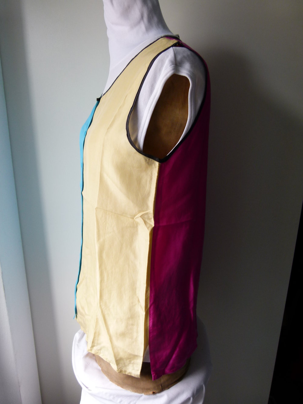 Seiden Blusentop, gelb türkis pink, aus den 80ern, Retro Vintage 80s Boho Festival Goa Hippie Colour Blocking