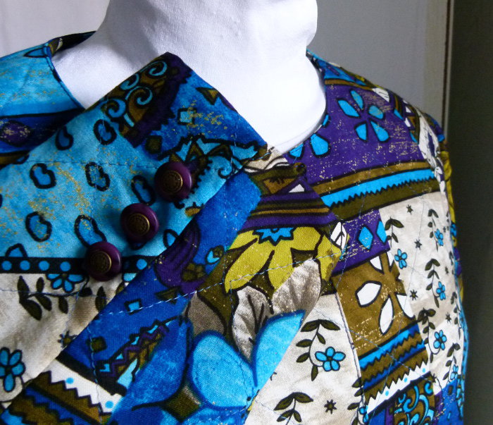 Leichte Schurwoll Steppjacke Cardigan, türkis blau grün floral gemustert, Boho Mori Lagenlook Landleben Goa Elfen Cottagecore