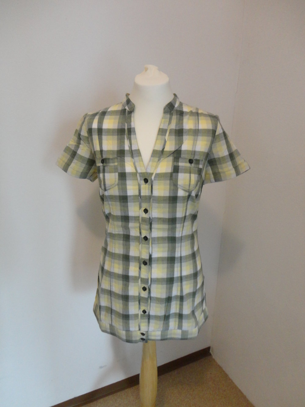 Bluse Hemd kurz kariert grün gelb weiß Clockhouse C&A Sommer Basic M