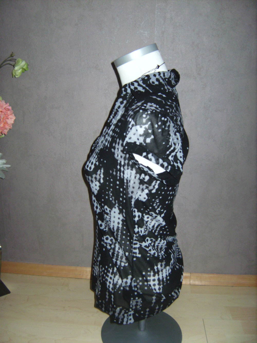 Tunika Mexx, Bluse, Hemdbluse, Gr. 38, Tunika Stretch  Oberteil Transparent  Shades of grey Shirt, InPrint Retro Mustermixprint