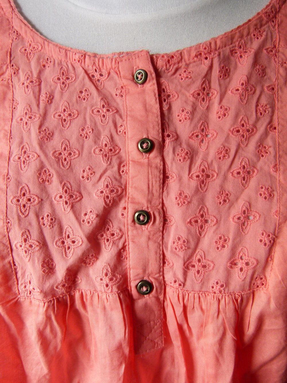 Tunika Bluse mit Loch-Stickerei, koralle lachsrosa, Mori Romantik Boho Hippie Lagenlook Landleben