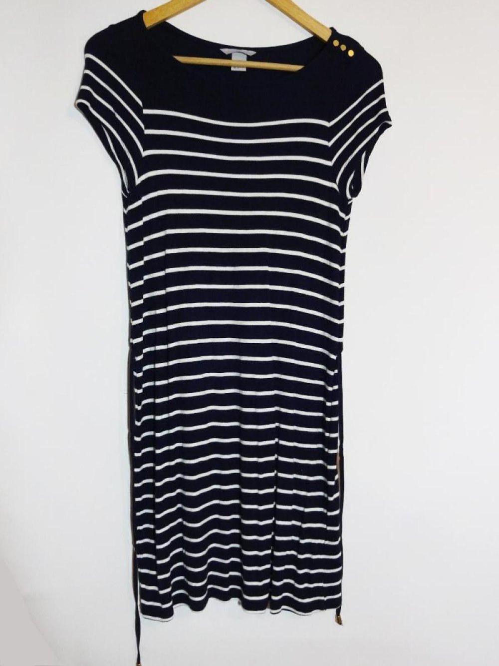 Gestreiftes Feinstrickkleid mit kurzen Ärmeln Maritim Streifen Frühling Sommer Gr. 40 Gr. M