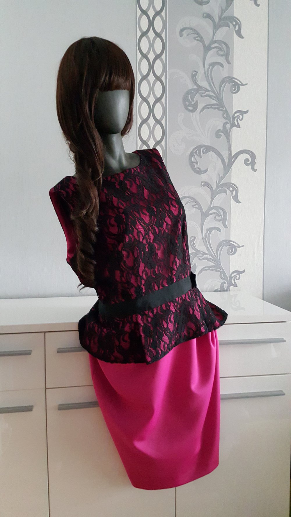 Rosa 50er Pencildress Kleid Spitzen ausgez. 16 42 44 XL Hot Pink