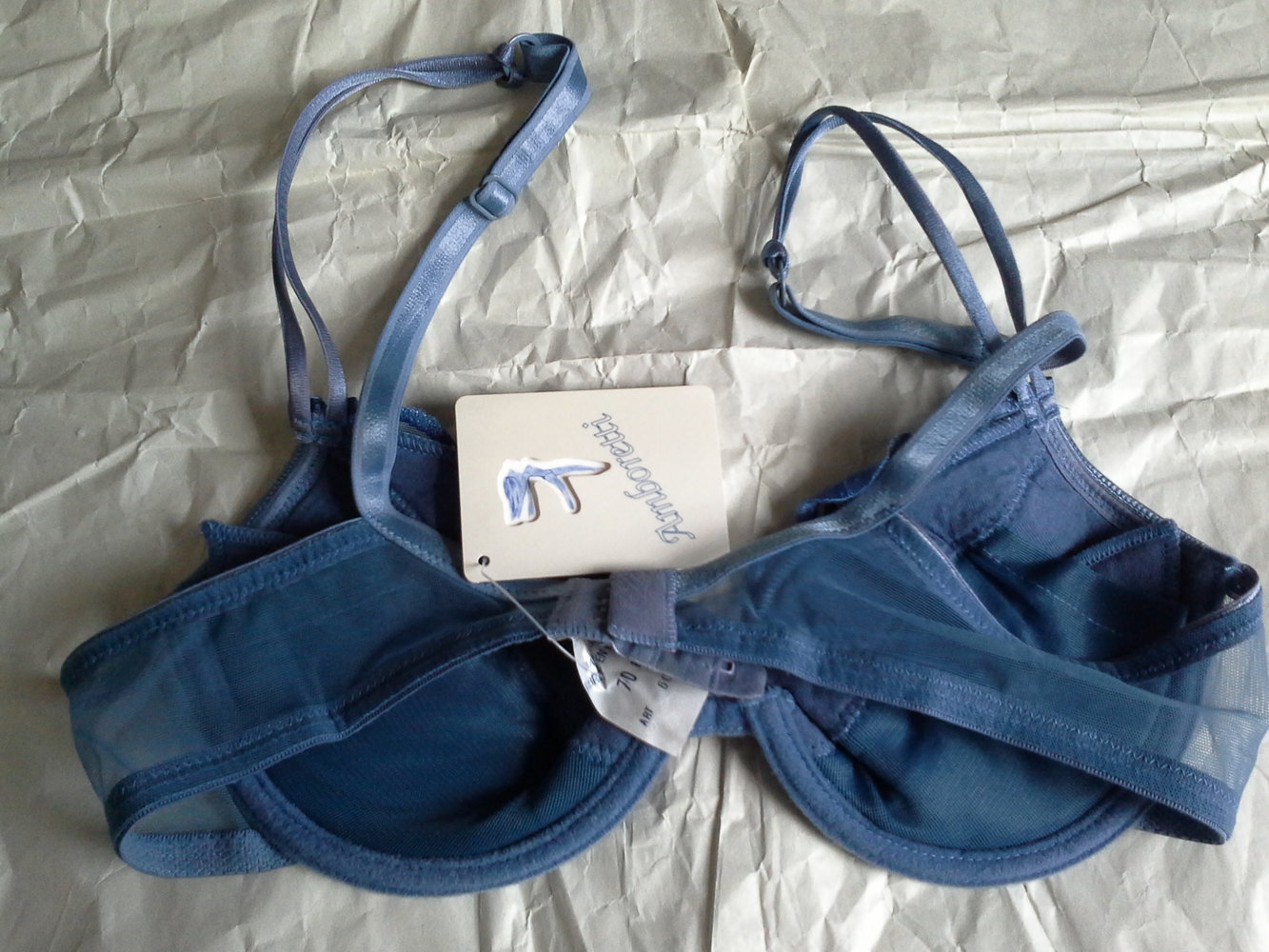 Ambortetti blaues Set aus BH 70B und durchsichtigem Tanga in 38