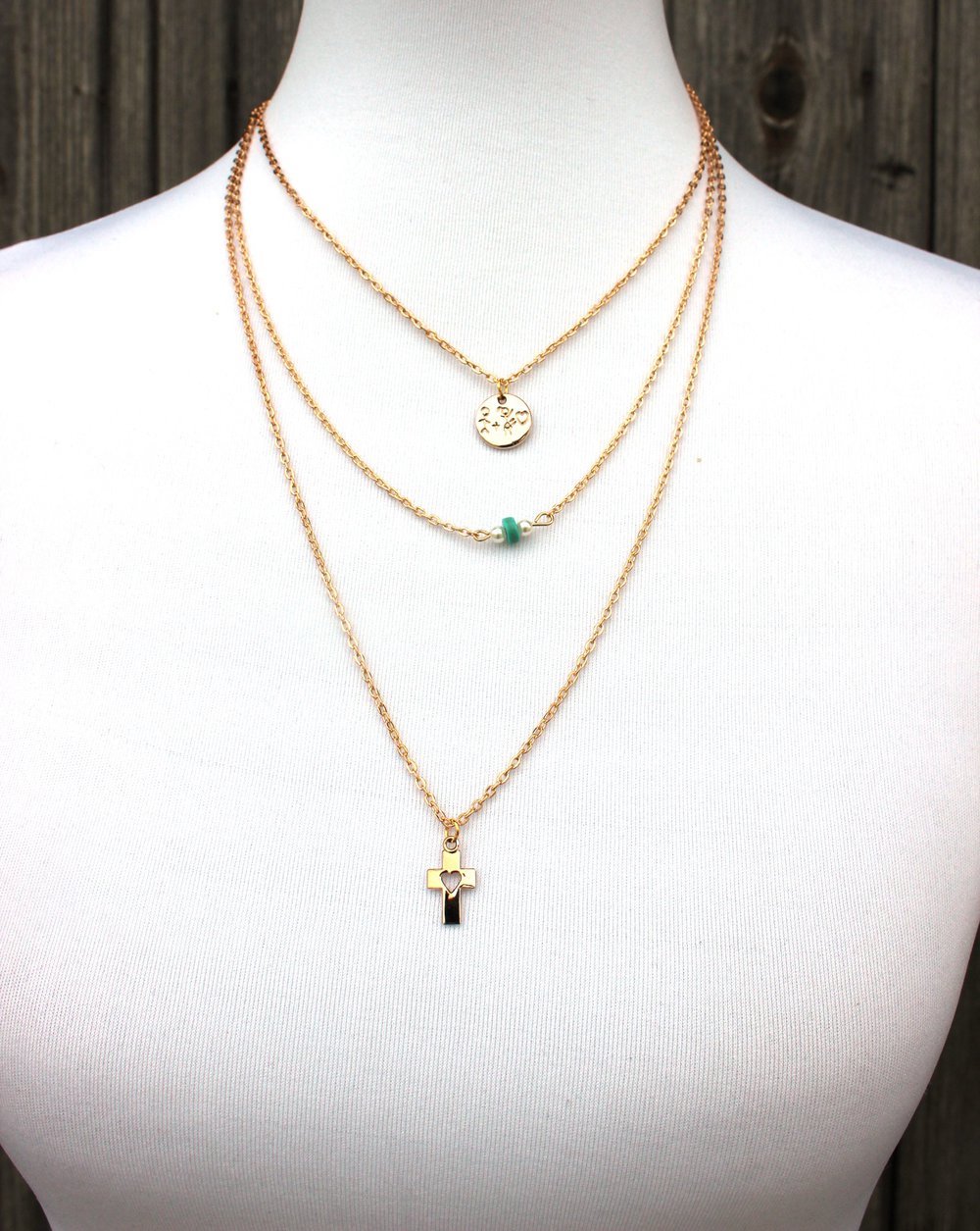 mehrreihige filigrane Kette in gold (Liebe, Perlen, Kreuz)