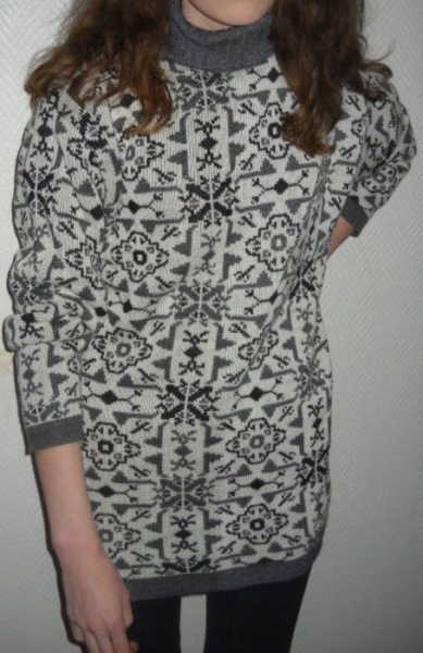 Norweger Ethno Aztek Strick Long Pullover Pulli Rolli Rollkragen creme grau 34 36 38 XS S M Blogger