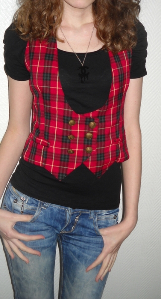 Weste Jacke Schotten Karo Nova Check rot kariert Military 32 34 36 XS S M doppelte Knopfleiste