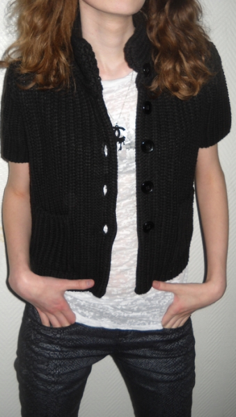 Cardigan Jacke dicke Strickjacke Kurzjacke Wolle Hängerchen Kurzarm schwarz black 34 36 38 XS S M