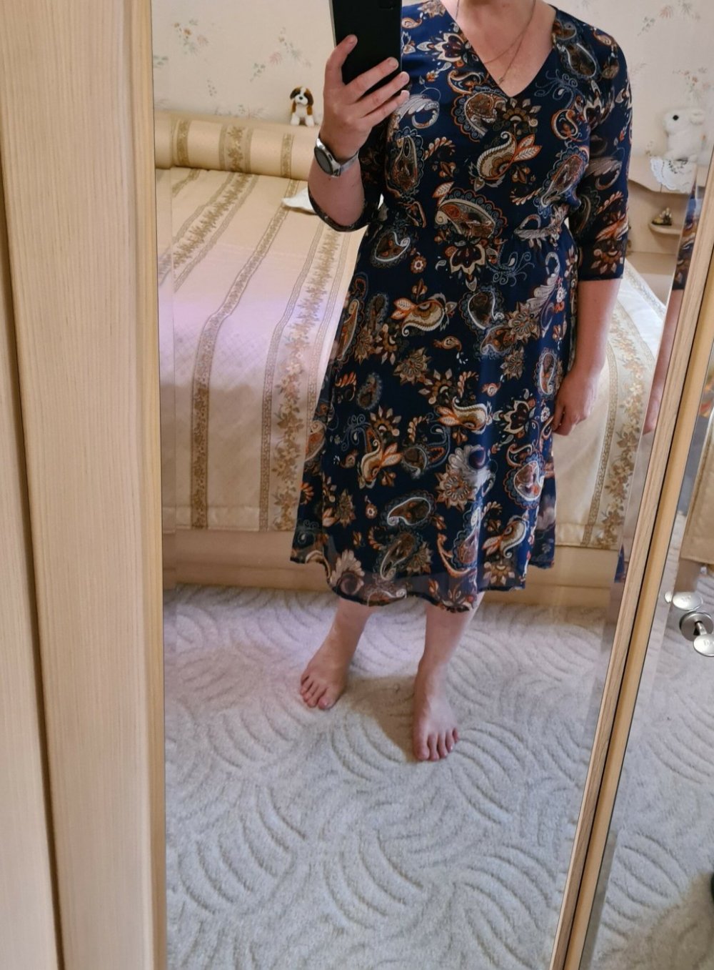 Midikleid Gr. 42 3/4 Arm blau mit Blumenprint Kleid