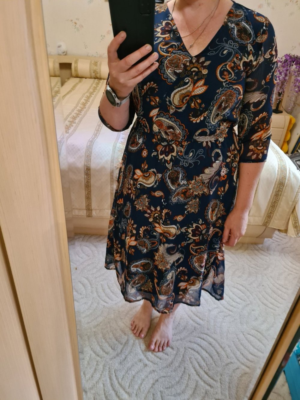 Midikleid Gr. 42 3/4 Arm blau mit Blumenprint Kleid