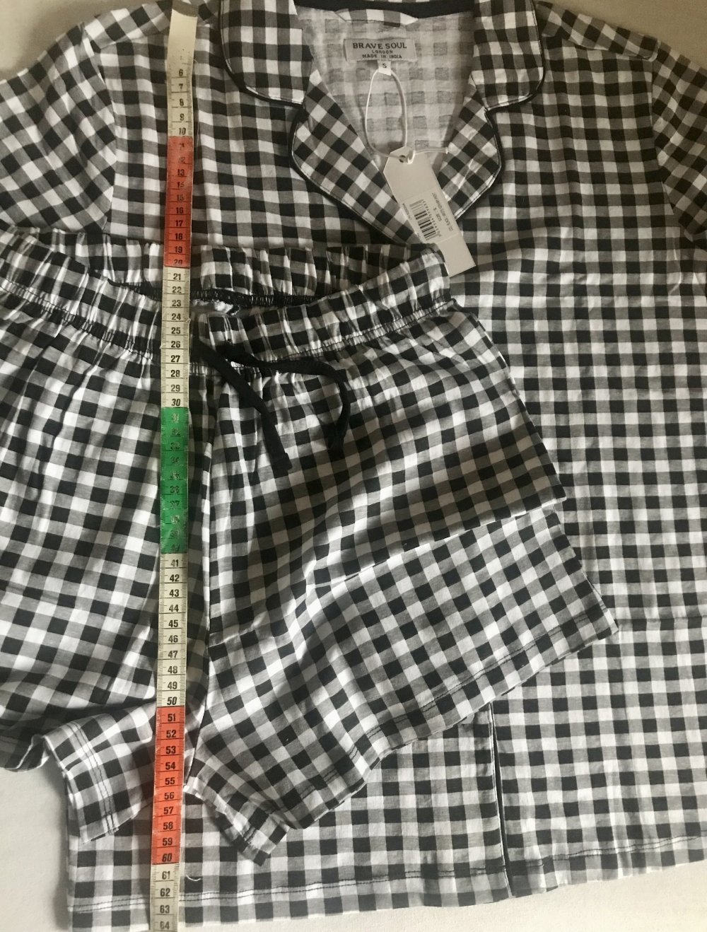Brave Soul Pyjama Set Kariert Grinham Shorts Hemd Schlafanzug schwarz weiß S