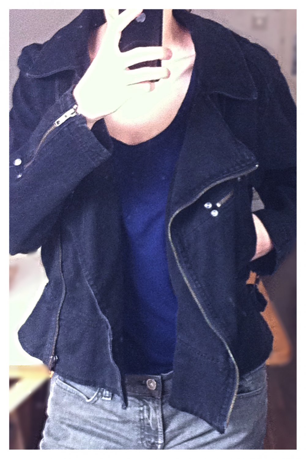 Schwarze Biker Jeansjacke Vintage h&m Nieten 80s
