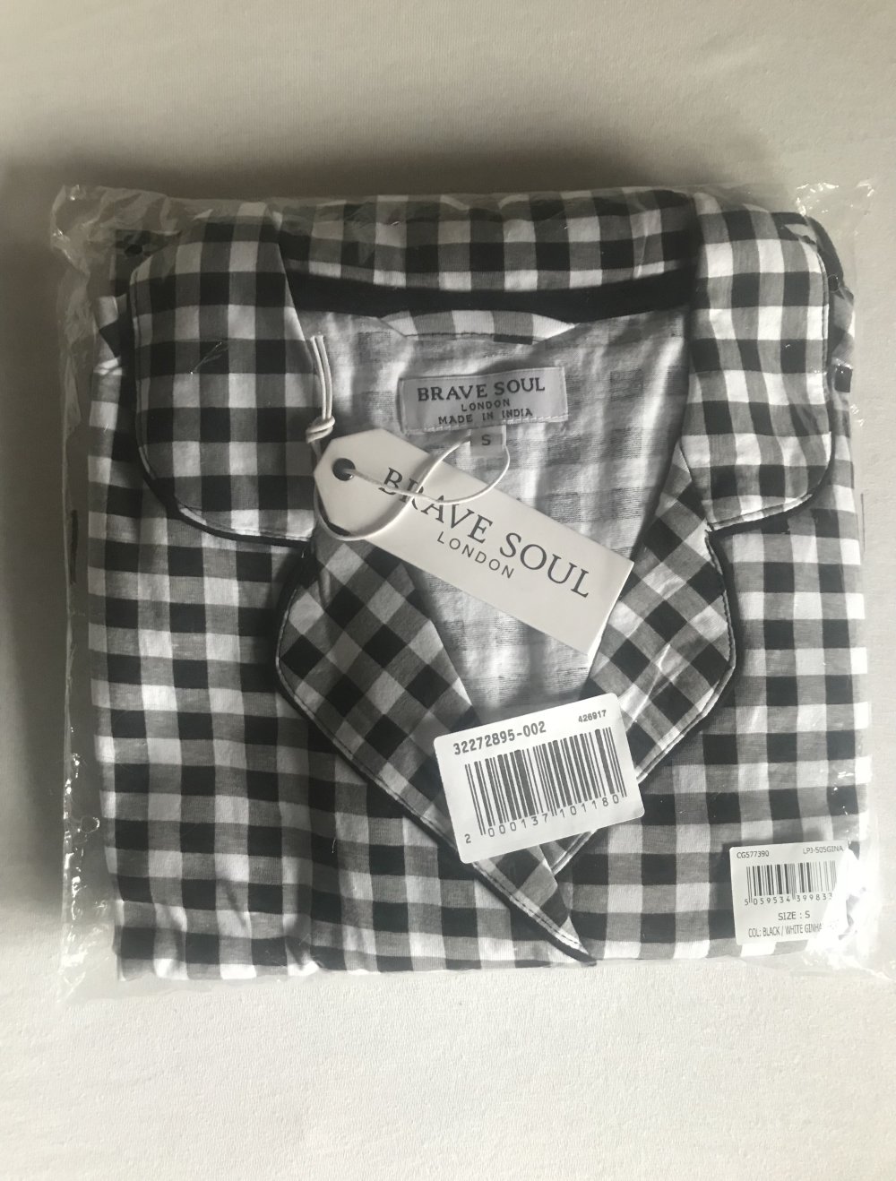 Brave Soul Pyjama Set Kariert Grinham Shorts Hemd Schlafanzug schwarz weiß S