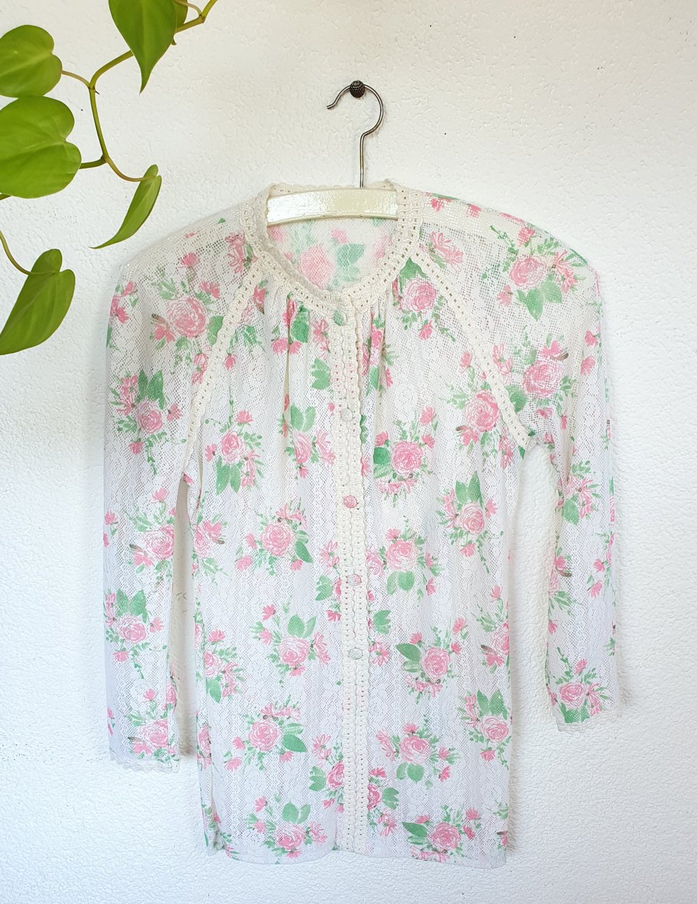 Vintage Netzoberteil mit Spitze und Blumen Größe ca. XS
