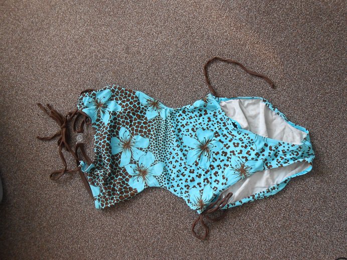 Damen-Badeanzug blau mit braunem Muster Gr. 42