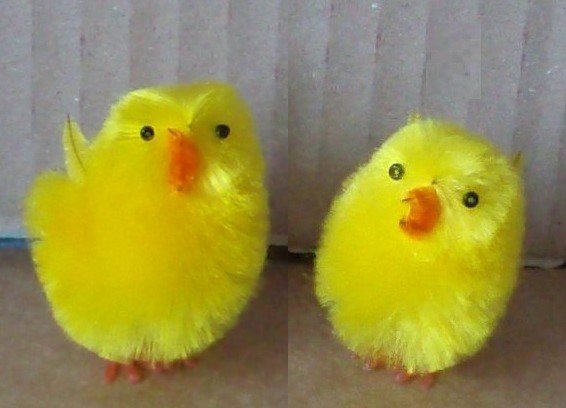 Osterdekoration: 2 gelbe (Oster-)Küken aus Seidenchenille (weich wie Pompoms), 5 cm hoch, neu & unbenutzt